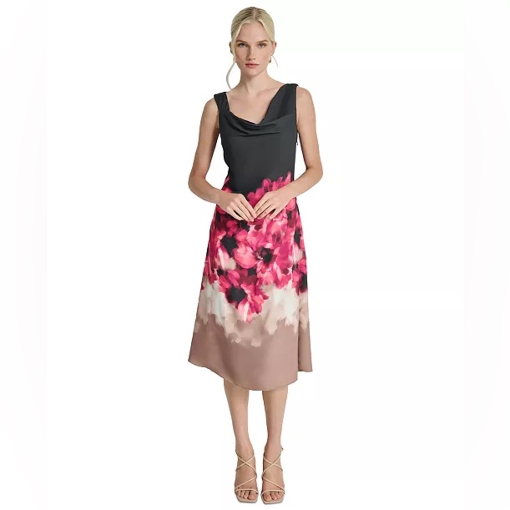 DKNY Women's Floral Asymmetric Cowlneck Midi Dress